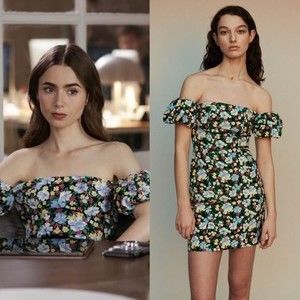 Maje Rapy Floral Off The Shoulder Mini Dress Emily in Paris Size 3 (Large)